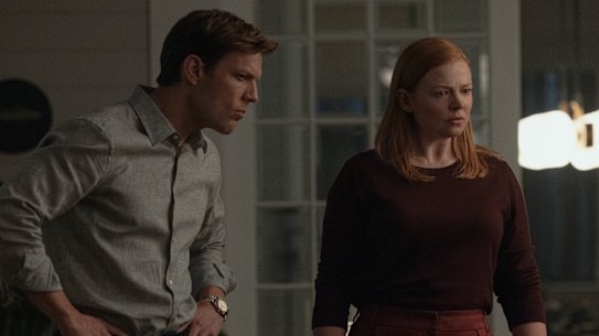 Jake Lacy as Peter and Sarah Snook as Marissa in All Her Fault.