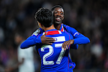 Dembele celebrates opening the scoring against Slovan Bratislava
