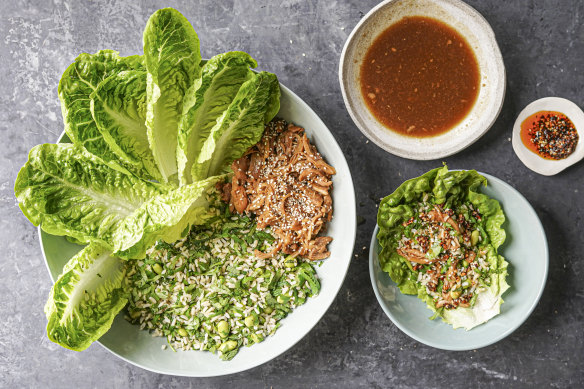 Sticky chicken edamame lettuce cups.