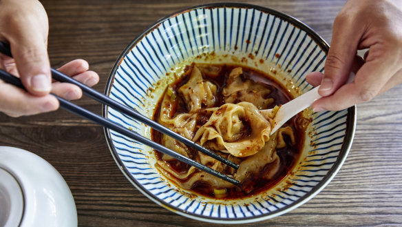 Xian wontons swimming in chilli oil at TBC by Grape Garden Beijing Cuisine.