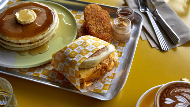 Happyfield’s Happiest Meal comprises two hash browns, a “McLovin Muffin” with egg, cheese and chicken sausage, and three pancakes.