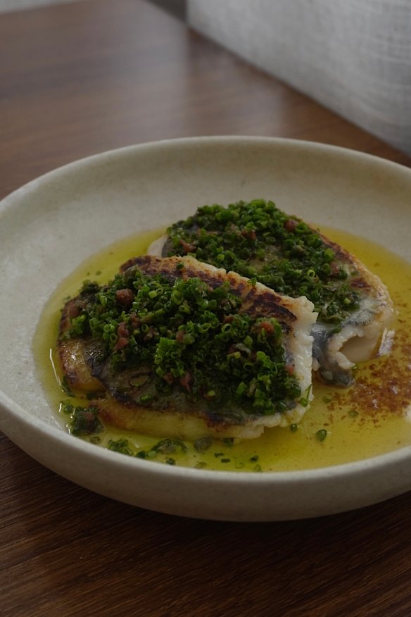 King dory and fermented fennel with lilly pilly, chives, and caper beurre noisette.
