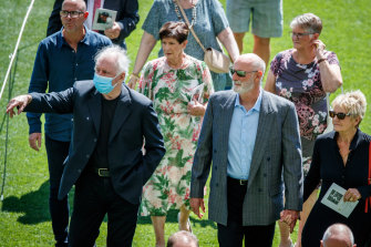 Ian Chappell and Dennis Lillee during the funeral service for Australian cricket legend Rod Marsh at Adelaide Oval in Adelaide on Thursday.