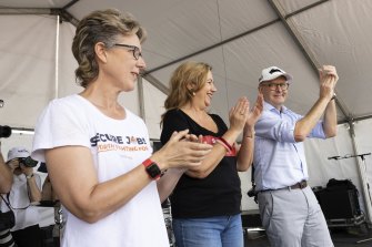 ACTU secretary Sally McManus (left)  with Queensland Premier Annastacia Palaszczuk and opposition leader Anthony Albanese early in the election campaign.