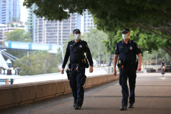 Police officers patrol the South Bank precinct during the three-day lockdown in January.