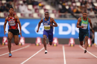 Christian Coleman, centre, broke the 10-second mark in the 100m.