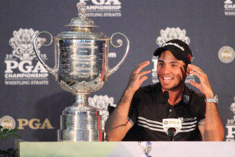 Jason Day celebrates his major championship, the US PGA, in 2015.