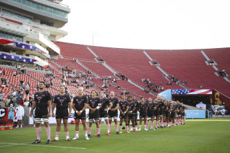 The LA Giltinis stand for the national anthem before the game against Old Glory DC at Los Angeles Coliseum.
