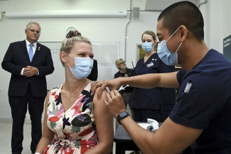 Prime Minister Scott Morrison watched a simulation of the vaccination process at RPA in Sydney on Friday.