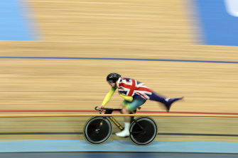 Matthew Glaetzer of Australia celebrates after winning gold in the men’s 1000m time trial.