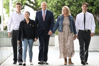 Former defence minister and the federal member for Dickson Peter Dutton with his family (left to right) son Tom, daughter Rebecca, wife Kirilly and son Harry in Brisbane.
