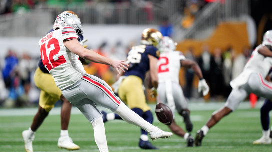 Ohio State punter Joe McGuire plays against Notre Dame during second half of the College Football Playoff national championship game 