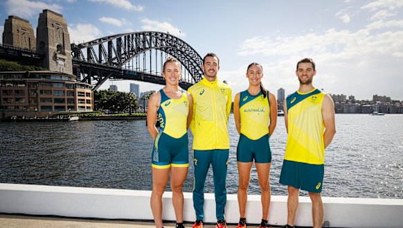 Lucy Stephan, Jake Birtwhistle, Katie Ebzery and Tom O’Halloran pose during Australia’s Olympic team uniform launch.