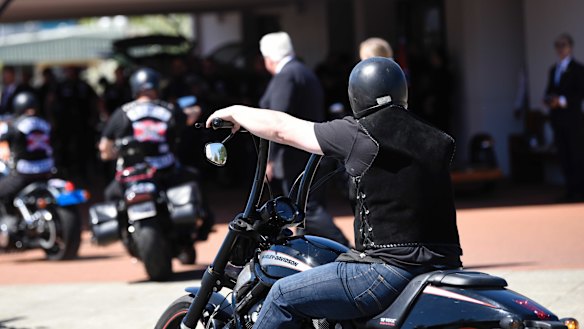 Rebels members arrive to the funeral home to farewell slain bikie boss Nick Martin