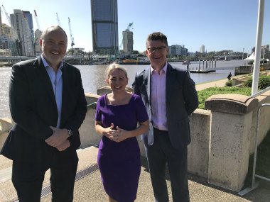 Announcing work beginning on Brisbane’s first cross-river bridge in 10 years is Destination Brisbane project director Simon Crooks (left), Tourism Minister Kate Jones and South Bank business development manager John Barton.