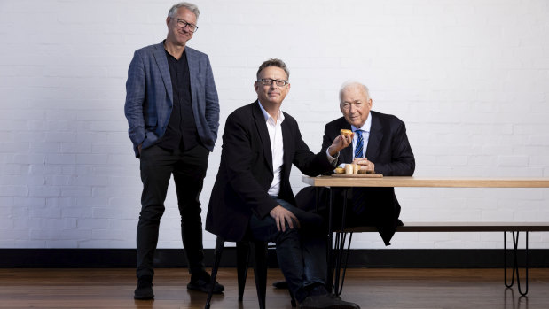 Nick Hazell of v2 Foods, a plant-based meat company, with investors Jack Cowin, of Hungry Jacks, and Phil Morle. 