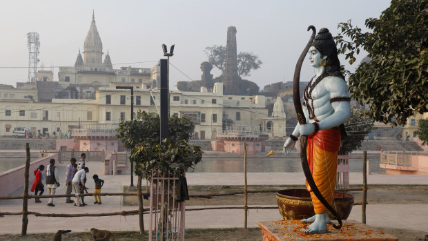 A statue of Hindu god Rama stands beside the River Sarayu in Ayodhya, India.