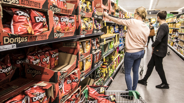 The chips aisle at Woolworths in Plumpton, the supermarket chain's number one seller of Doritos.