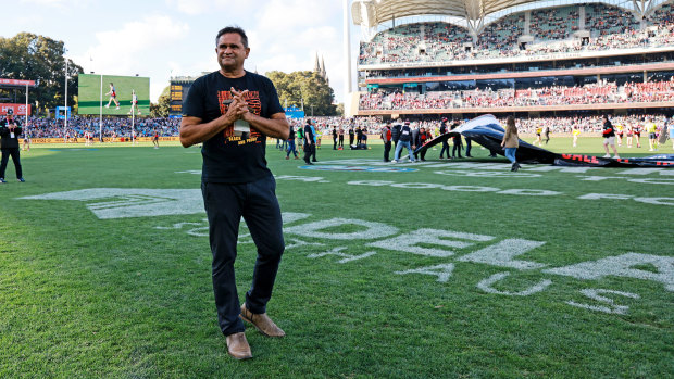 Nicky Winmar after Collingwood and St Kilda ran through a joint banner in Adelaide during Gather Round.