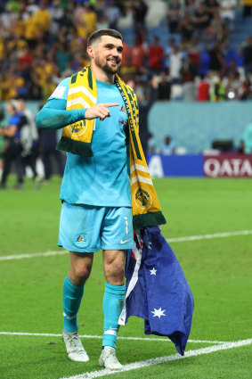 Maty Ryan applauds fans after the win.