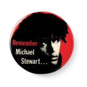 "Remember Michael Stewart" button, designed by Eric Drooker (1984).