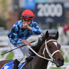 James McDonald enjoys the moment aboard Funstar after winning the Flight Stakes.