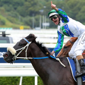 Luke Nolen salutes as I Wish I Win wins the TJ Smith Stakes at Randwick in April.