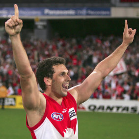 Swan Nick Davis celebrates victory over Geelong.