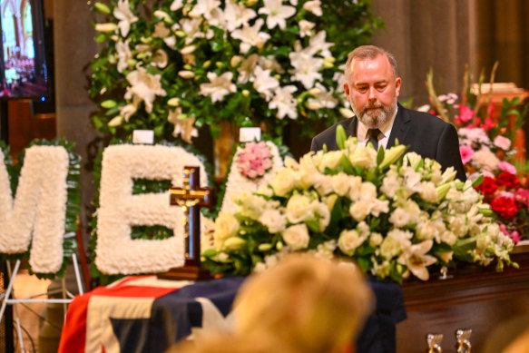 Kimberley Kitching’s husband Andrew Landeryou speaks at his wife’s service.