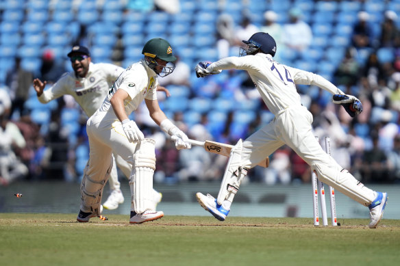 Marnus Labuschagne is dismissed on day one in Nagpur.