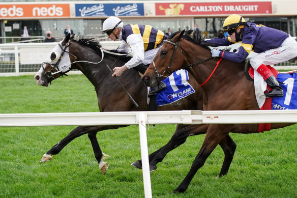 Jockey Jye McNeil wins the Toorak Handicap aboard I’m Thunderstruck.