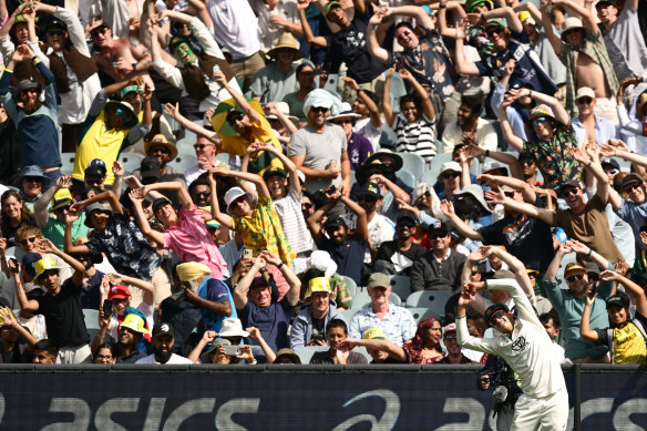 The crowd imitate Sam Konstas … and he loves every moment.