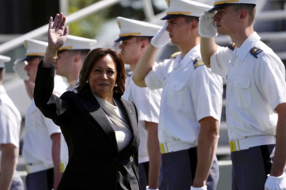 US Vice President Kamala Harris arrives for the graduation ceremony of the US Military Academy class of 2023 at Michie Stadium in West Point, NY, on Saturday. Observers have noticed a concerted effort to up her profile.