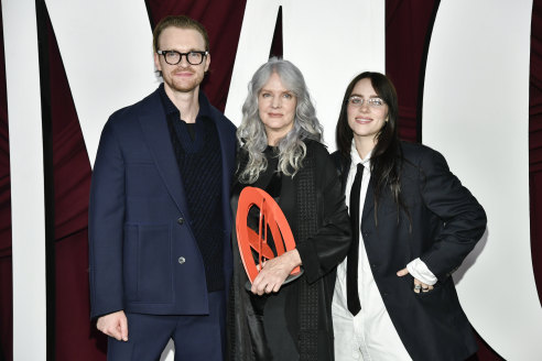 Finneas O’Connell, Billie Eilish and their mum Maggie Baird (centre) at Glamour’s Women of the Year Awards in New York this month.