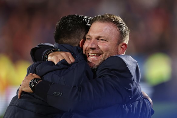 Victory coach Arthur Diles celebrates leading his club to the A-League men’s grand final.