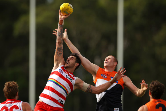 Both the Swans and Giants had fresh faces in the ruck - Sam Naismith (left), who didn't play a game in 2019, and Sam Jacobs, who joined GWS from Adelaide in the trade period.