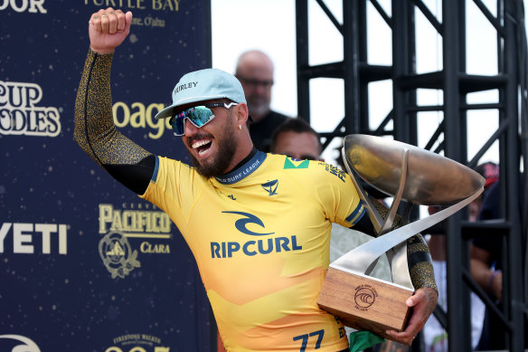 Brazilian Filipe Toledo celebrates winning the 2023 Rip Curl WSL final.