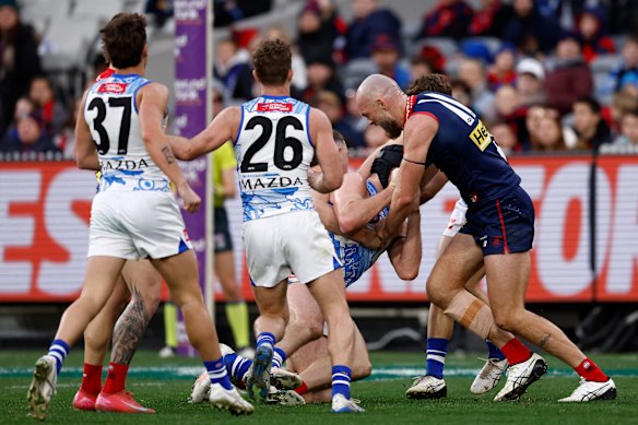 Max Gawn remonstrates after the contentious incident.