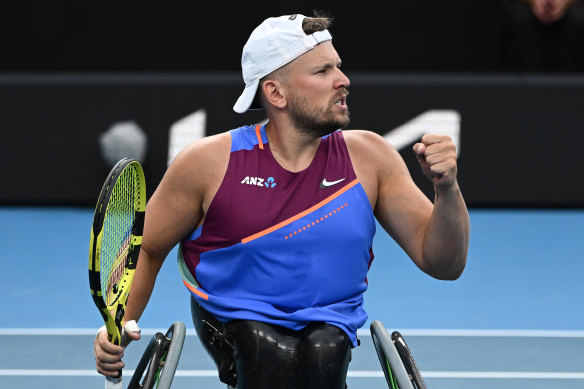 Dylan Alcott celebrates after beating Dutchman Niels Vink.