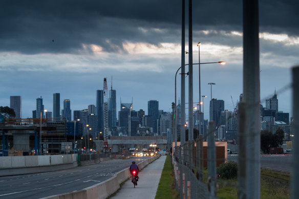 Melbourne’s roads and cycling paths, seen here from Footscray, were quiet on Tuesday morning in Victoria’s fifth lockdown.
