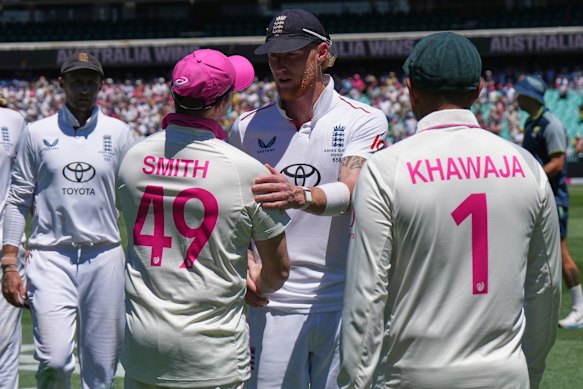 England captain Ben Stokes (centre) congratulates Steve Smith and Usman Khawaja after the final day of the 2025-26 Ashes series.