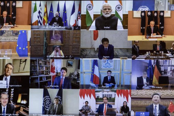 A view of members taking part on screen during an unusual G20 summit.