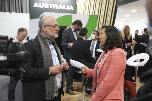Tim Flannery and carbon utilisation expert Sophia Hamblin Wang at the  Australian pavilion for COP26.
