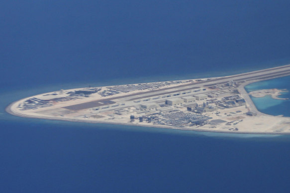 A man-made Chinese airstrip in the heavily contested South China Sea.