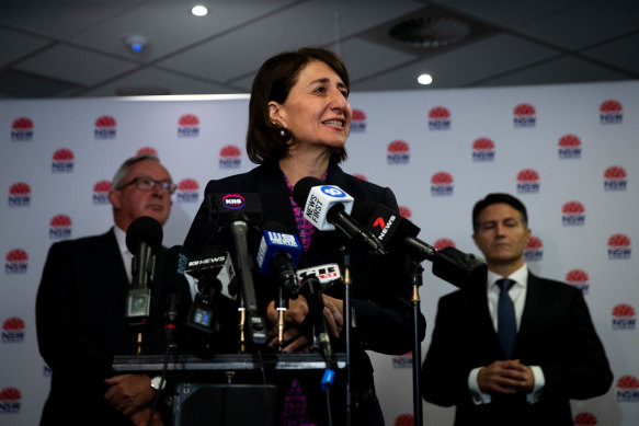 NSW Premier Gladys Berejiklian, with Health Minister, Brad Hazzard and Minister for Customer Service, Victor Dominello, speak about the Covid-19 vaccine rollout in NSW today.
