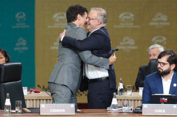 Canada’s Prime Minister Justin Trudeau greeted Albanese with a handshake and a bear hug.