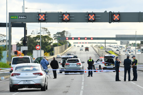 Police at the scene of the Monash Freeway shooting.