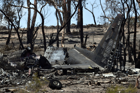 The tail section of a C-130 Hercules aircraft operated by Coulson Aviation that crashed north-east of Cooma in 2020.