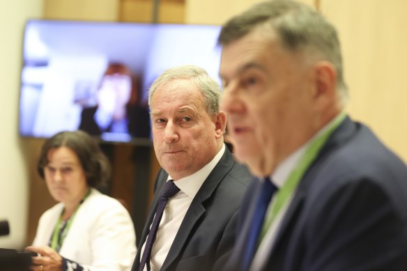 Department of Health Associate Secretary Caroline Edwards , Minister for Senior Australians and Aged Care Services Richard Colbeck and Secretary of the Department of Health Professor Brendan Murphy during a Senate estimates this morning.