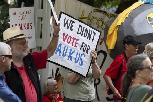 Anti-AUKUS protesters outside Labor’s national conference in Brisbane on Friday.